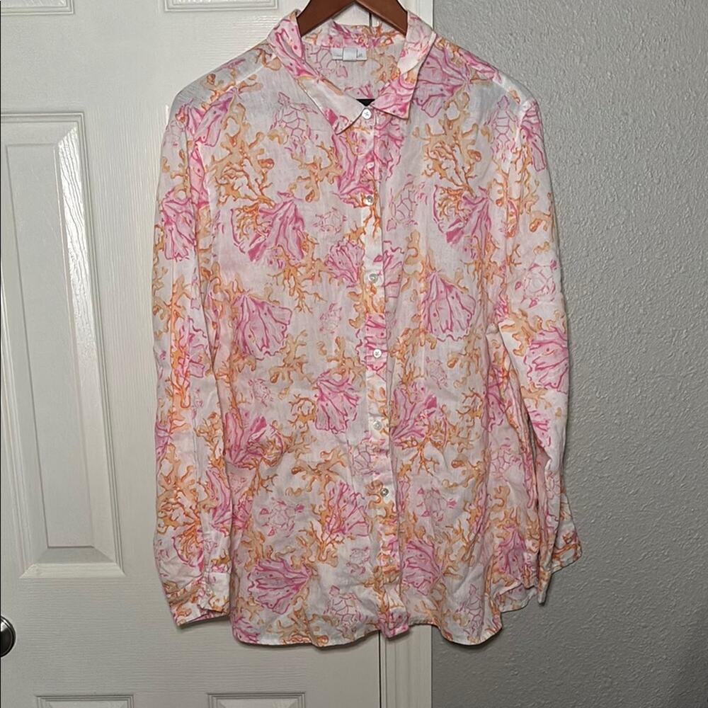 J Jill love linen lightweight sea print button down blouse size‎ XL